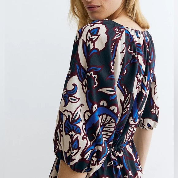 H&M Navy and White Floral Puff Sleeves with Draw String Cinched Waist Maxi Dress - Picture 2 of 11